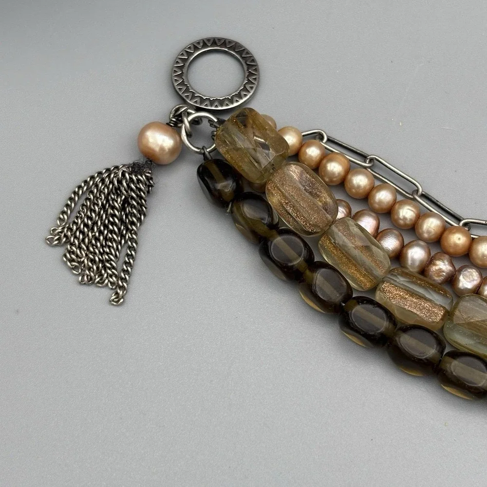 SILPADA Copper Pearls 5 Strand Bracelet Sterling Sunstone Tassel 7